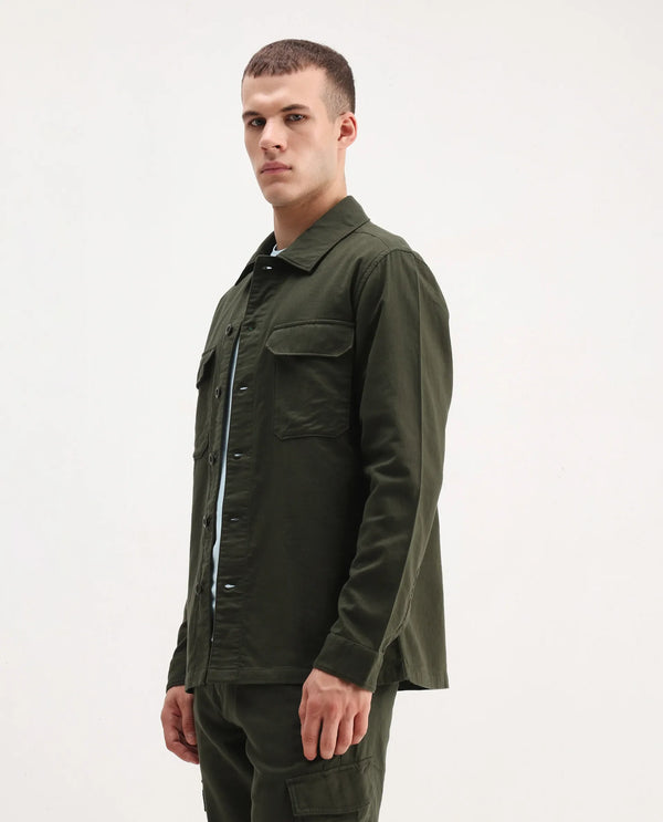 Rare Rabbit Men Prest-26 Olive Cotton Fabric Full Sleeve Collared Neck Button Closure Plain Shaket