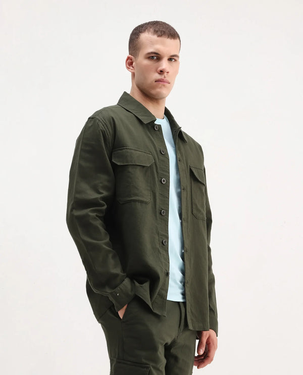 Rare Rabbit Men Prest-26 Olive Cotton Fabric Full Sleeve Collared Neck Button Closure Plain Shaket