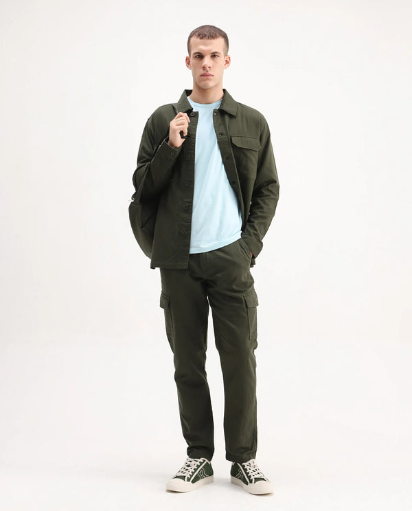 Rare Rabbit Men Prest-26 Olive Cotton Fabric Full Sleeve Collared Neck Button Closure Plain Shaket
