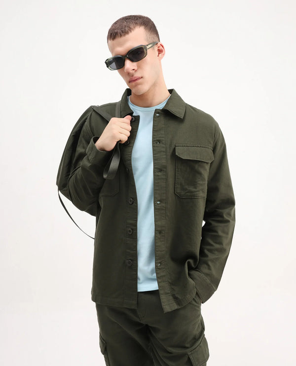Rare Rabbit Men Prest-26 Olive Cotton Fabric Full Sleeve Collared Neck Button Closure Plain Shaket