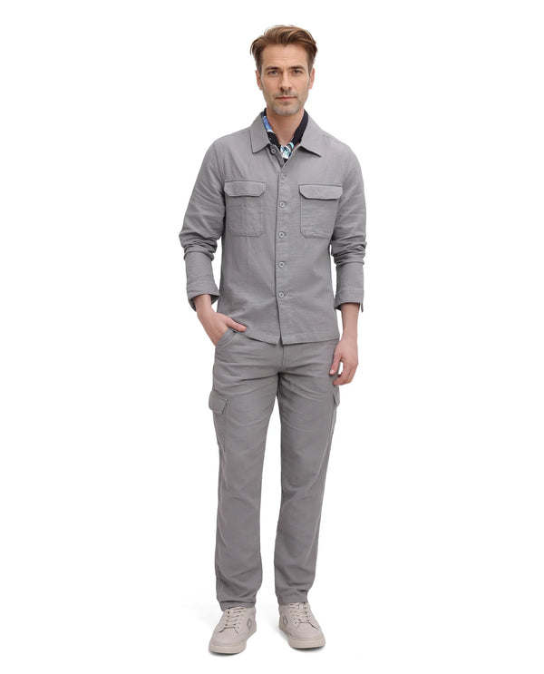 Rare Rabbit Men Prest Light Grey Knitted Jacquard Fabric Two Front Flap Pocket Full Sleeve Regular Fit Shirt