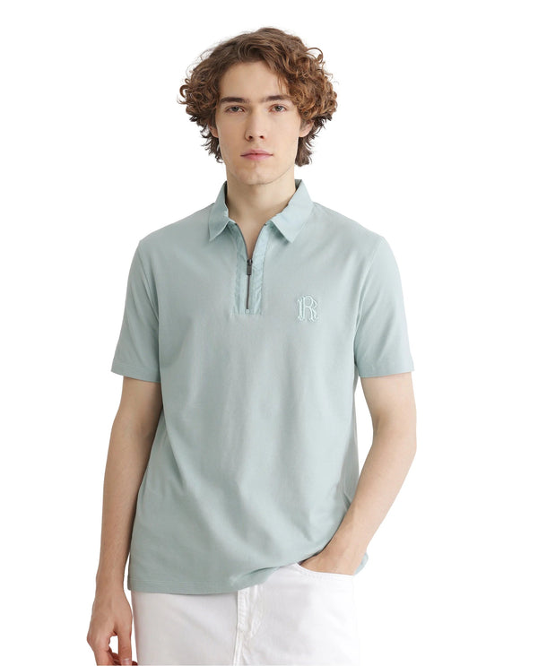 Rare Rabbit Men Presto Light Blue Short Sleeve Zipper Closure Embroidered Logo Plain Polo