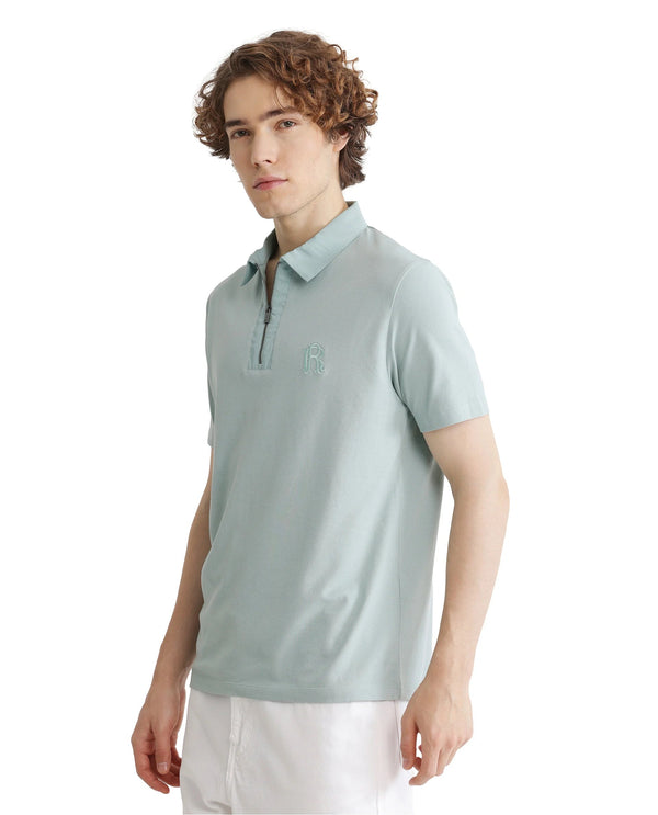 Rare Rabbit Men Presto Light Blue Short Sleeve Zipper Closure Embroidered Logo Plain Polo