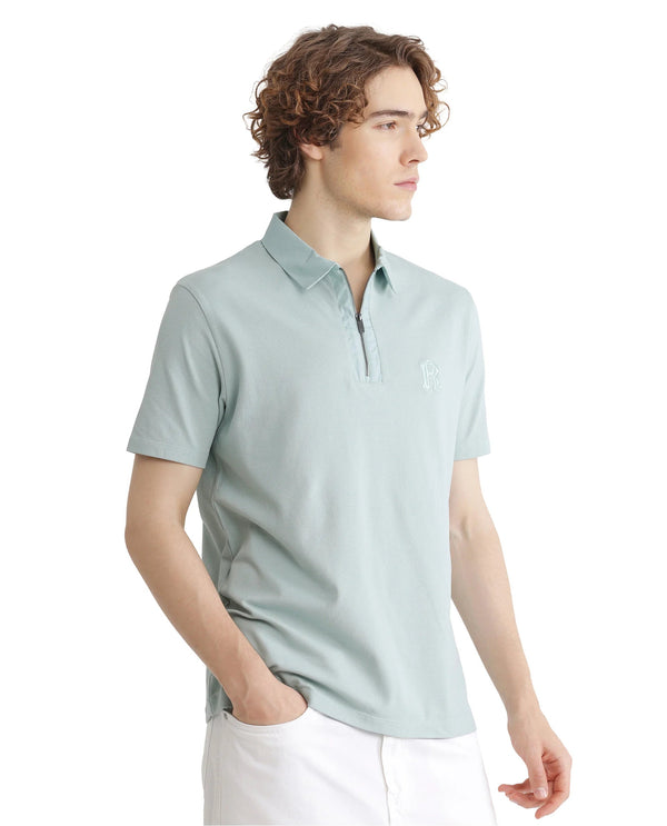 Rare Rabbit Men Presto Light Blue Short Sleeve Zipper Closure Embroidered Logo Plain Polo