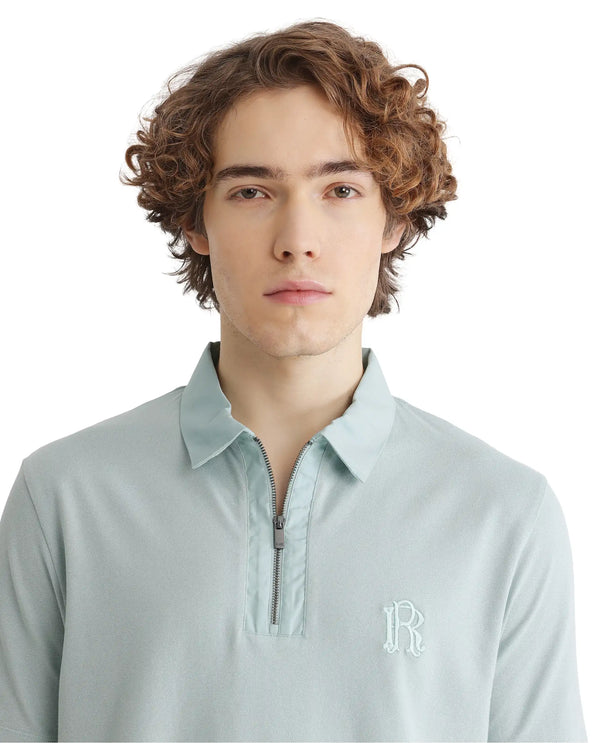 Rare Rabbit Men Presto Light Blue Short Sleeve Zipper Closure Embroidered Logo Plain Polo