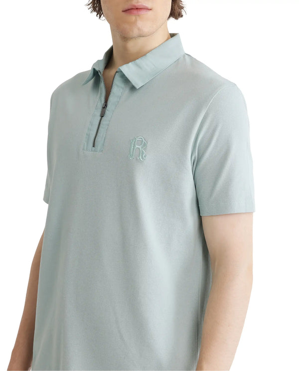 Rare Rabbit Men Presto Light Blue Short Sleeve Zipper Closure Embroidered Logo Plain Polo