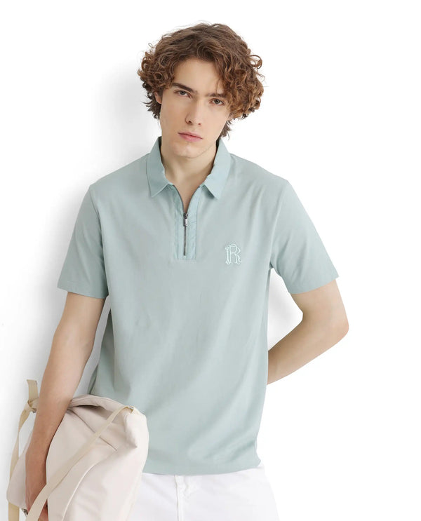 Rare Rabbit Men Presto Light Blue Short Sleeve Zipper Closure Embroidered Logo Plain Polo