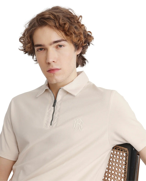 Rare Rabbit Men Presto Off White Short Sleeve Collared Neck Plain Polo