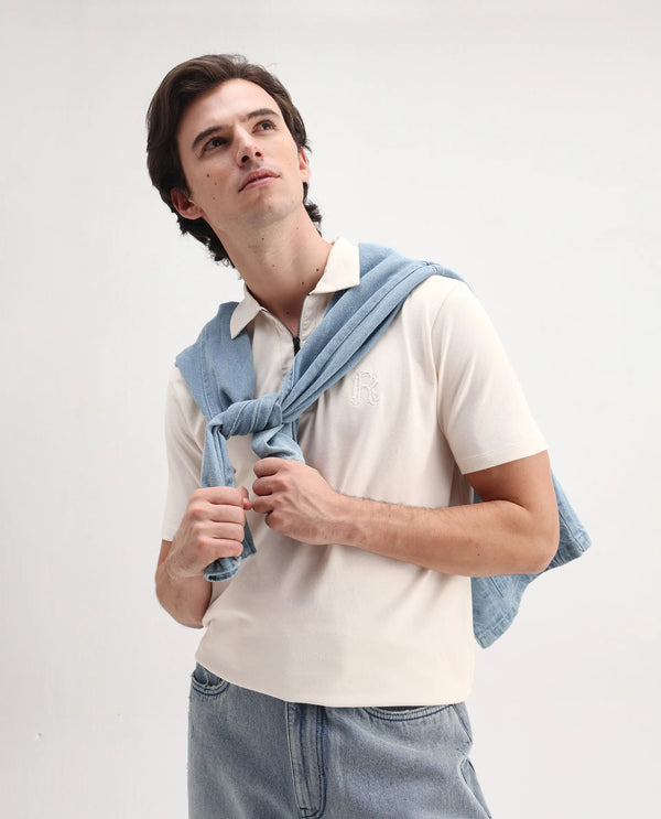 Rare Rabbit Men Presto Off White Short Sleeve Collared Neck Plain Polo