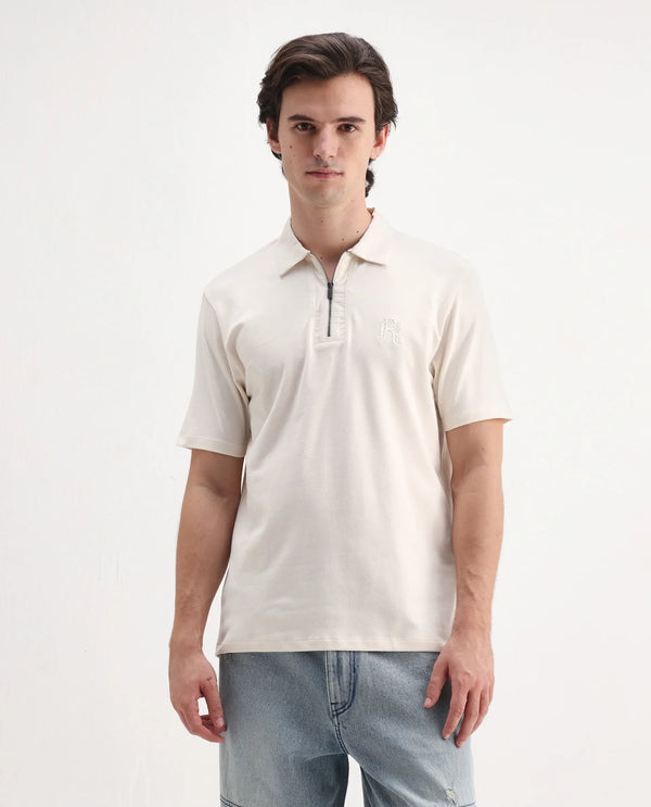 Rare Rabbit Men Presto Off White Short Sleeve Collared Neck Plain Polo