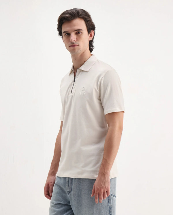 Rare Rabbit Men Presto Off White Short Sleeve Collared Neck Plain Polo