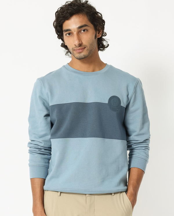 Rare Rabbit Men's Privett Blue Cotton Polyester Fabric Full Sleeves Cut And Sew Colorblocked Sweatshirt