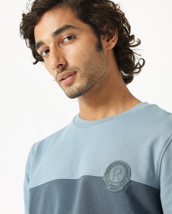 Rare Rabbit Men's Privett Blue Cotton Polyester Fabric Full Sleeves Cut And Sew Colorblocked Sweatshirt