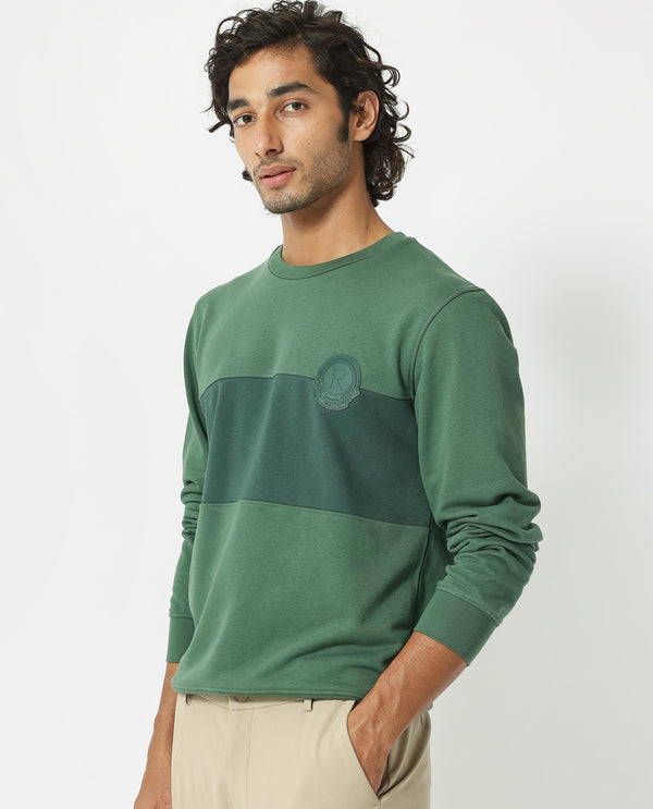 Rare Rabbit Men's Privett Green Cotton Polyester Fabric Full Sleeves Cut And Sew Colorblocked Sweatshirt