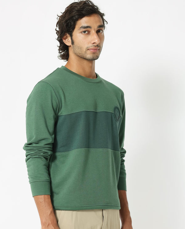 Rare Rabbit Men's Privett Green Cotton Polyester Fabric Full Sleeves Cut And Sew Colorblocked Sweatshirt