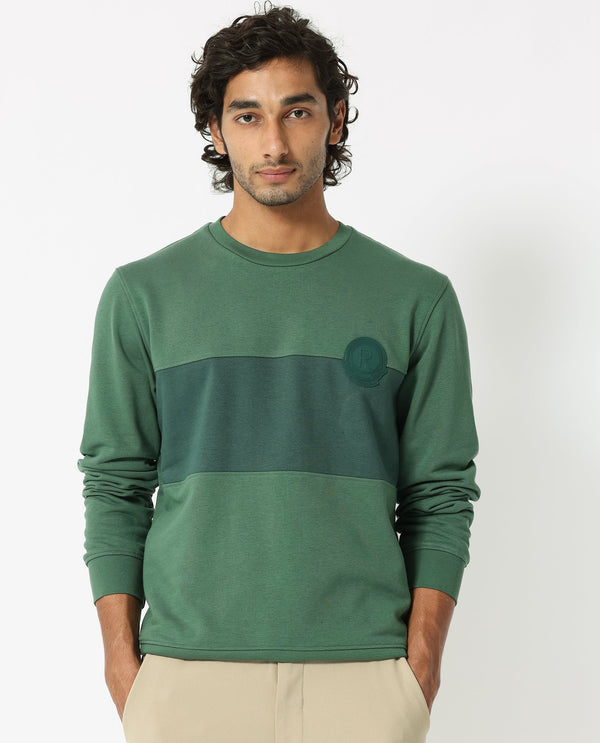 Rare Rabbit Men's Privett Green Cotton Polyester Fabric Full Sleeves Cut And Sew Colorblocked Sweatshirt