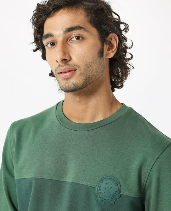 Rare Rabbit Men's Privett Green Cotton Polyester Fabric Full Sleeves Cut And Sew Colorblocked Sweatshirt