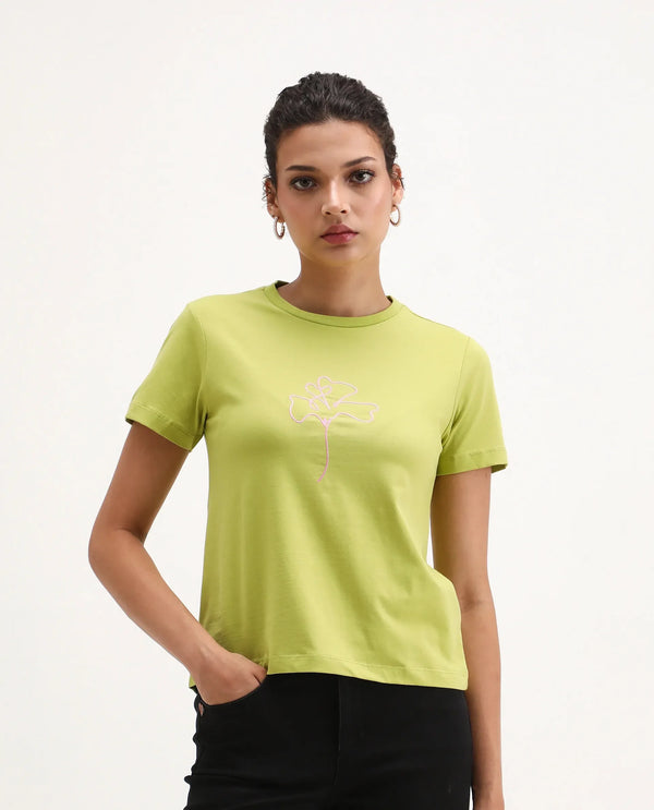 Rareism Women Prex Light Green Cotton Blend Regular Sleeves Crew Neck Floral Print T-Shirt