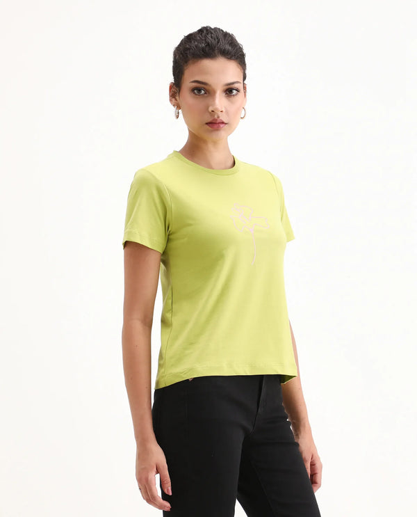 Rareism Women Prex Light Green Cotton Blend Regular Sleeves Crew Neck Floral Print T-Shirt