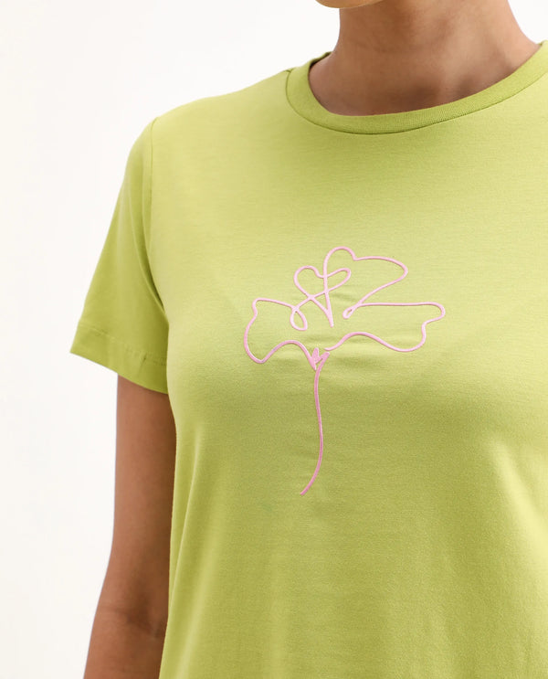 Rareism Women Prex Light Green Cotton Blend Regular Sleeves Crew Neck Floral Print T-Shirt