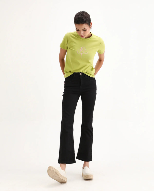 Rareism Women Prex Light Green Cotton Blend Regular Sleeves Crew Neck Floral Print T-Shirt
