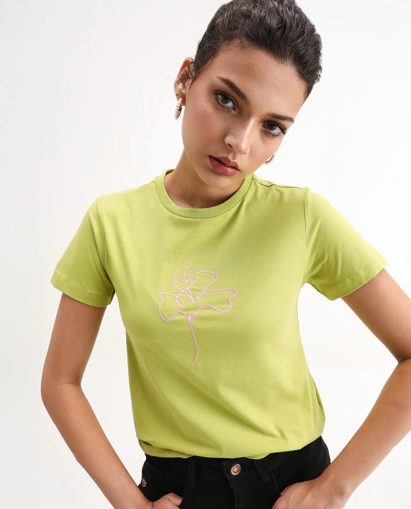 Rareism Women Prex Light Green Cotton Blend Regular Sleeves Crew Neck Floral Print T-Shirt