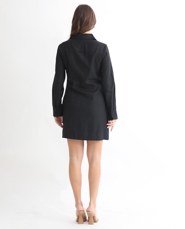 Rareism Women Pricot Black Polyester Fabric Full Sleeves Button Closure Shirt Collar Cuffed Sleeve Regular Fit Plain Short Boxy Dress