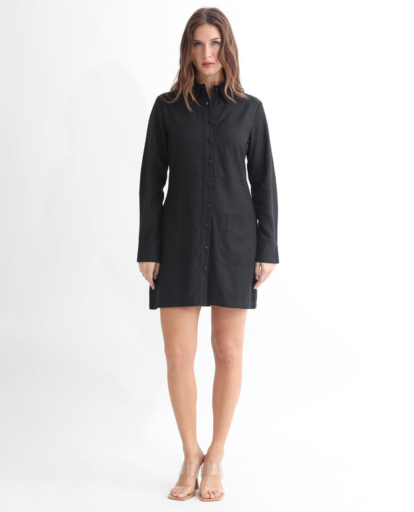 Rareism Women Pricot Black Polyester Fabric Full Sleeves Button Closure Shirt Collar Cuffed Sleeve Regular Fit Plain Short Boxy Dress