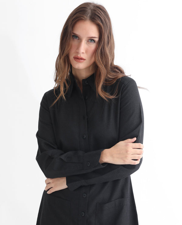 Rareism Women Pricot Black Polyester Fabric Full Sleeves Button Closure Shirt Collar Cuffed Sleeve Regular Fit Plain Short Boxy Dress