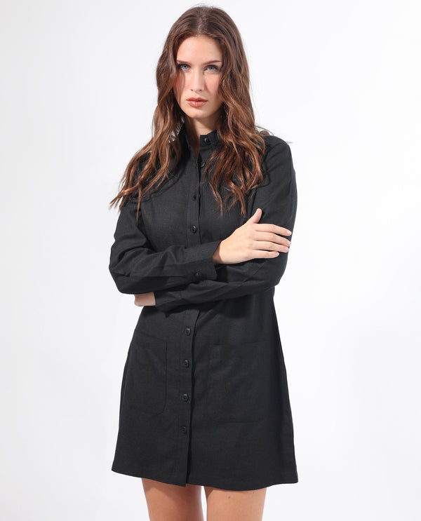 Rareism Women Pricot Black Polyester Fabric Full Sleeves Button Closure Shirt Collar Cuffed Sleeve Regular Fit Plain Short Boxy Dress