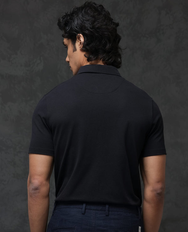 Rare Rabbit Men's Prin-2 Black Cotton Lycra Fabric Short Sleeve Collared Neck Zipper Closure Plain Polo