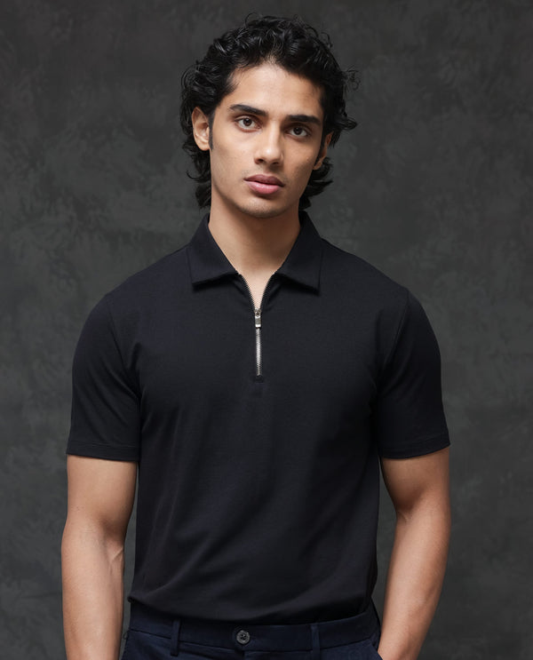 Rare Rabbit Men's Prin-2 Black Cotton Lycra Fabric Short Sleeve Collared Neck Zipper Closure Plain Polo