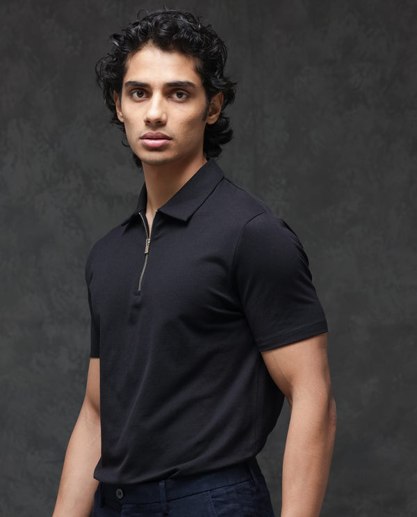 Rare Rabbit Men's Prin-2 Black Cotton Lycra Fabric Short Sleeve Collared Neck Zipper Closure Plain Polo