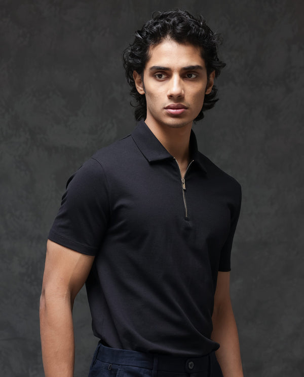 Rare Rabbit Men's Prin-2 Black Cotton Lycra Fabric Short Sleeve Collared Neck Zipper Closure Plain Polo