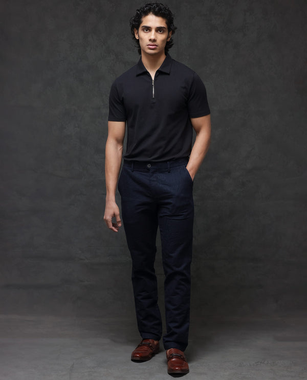 Rare Rabbit Men's Prin-2 Black Cotton Lycra Fabric Short Sleeve Collared Neck Zipper Closure Plain Polo