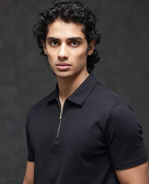 Rare Rabbit Men's Prin-2 Black Cotton Lycra Fabric Short Sleeve Collared Neck Zipper Closure Plain Polo