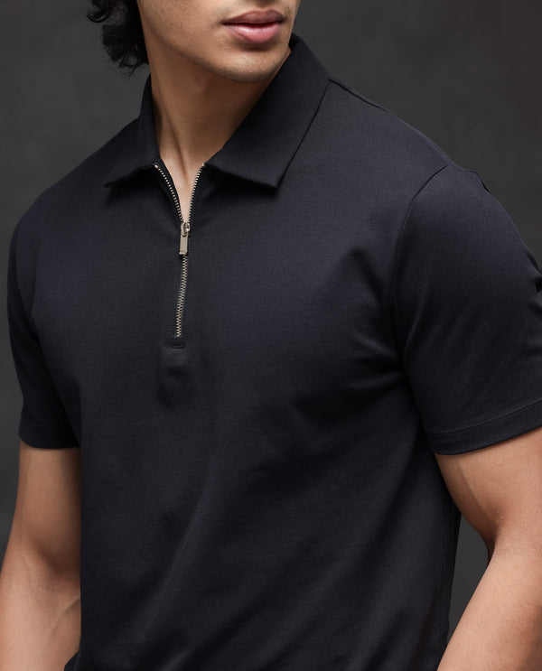 Rare Rabbit Men's Prin-2 Black Cotton Lycra Fabric Short Sleeve Collared Neck Zipper Closure Plain Polo