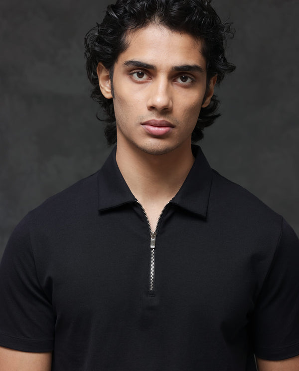 Rare Rabbit Men's Prin-2 Black Cotton Lycra Fabric Short Sleeve Collared Neck Zipper Closure Plain Polo