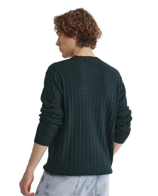 Rare Rabbit Men's Prota Dark Green Full Sleeve Collarless Regular Fit Plain Sweater