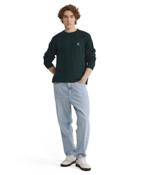 Rare Rabbit Men's Prota Dark Green Full Sleeve Collarless Regular Fit Plain Sweater