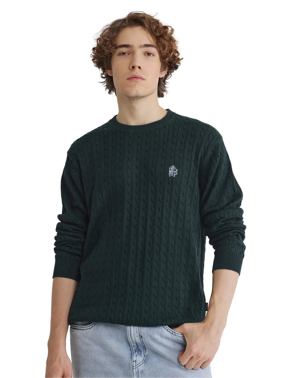 Rare Rabbit Men's Prota Dark Green Full Sleeve Collarless Regular Fit Plain Sweater