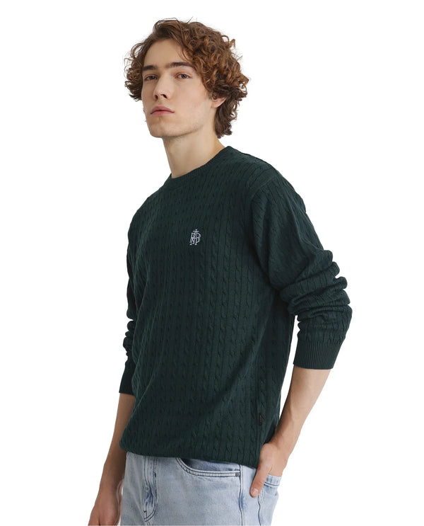 Rare Rabbit Men's Prota Dark Green Full Sleeve Collarless Regular Fit Plain Sweater