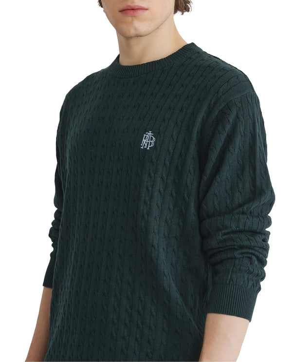 Rare Rabbit Men's Prota Dark Green Full Sleeve Collarless Regular Fit Plain Sweater