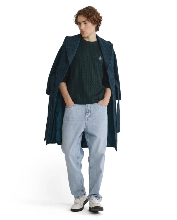 Rare Rabbit Men's Prota Dark Green Full Sleeve Collarless Regular Fit Plain Sweater