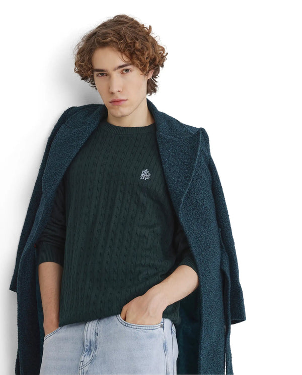 Rare Rabbit Men's Prota Dark Green Full Sleeve Collarless Regular Fit Plain Sweater