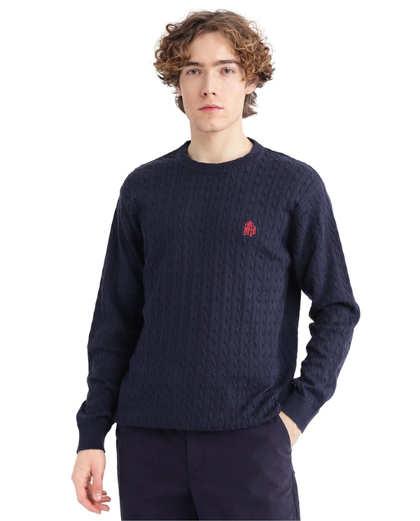Rare Rabbit Men's Prota Navy Full Sleeve Ribbed Crew Neck Collar Embroidered Logo Regular Fit Ribbed Sweater