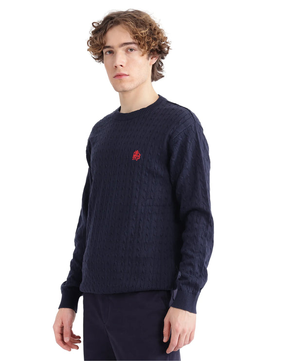 Rare Rabbit Men's Prota Navy Full Sleeve Ribbed Crew Neck Collar Embroidered Logo Regular Fit Ribbed Sweater