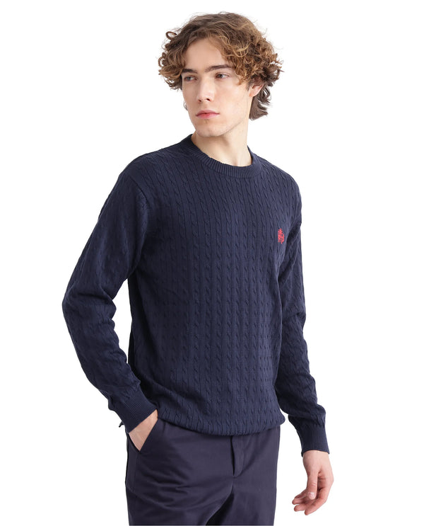 Rare Rabbit Men's Prota Navy Full Sleeve Ribbed Crew Neck Collar Embroidered Logo Regular Fit Ribbed Sweater