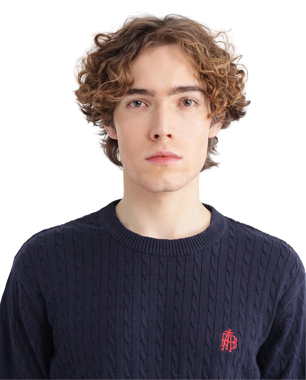 Rare Rabbit Men's Prota Navy Full Sleeve Ribbed Crew Neck Collar Embroidered Logo Regular Fit Ribbed Sweater