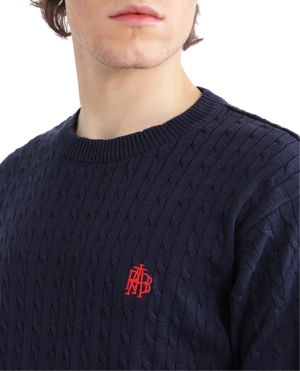 Rare Rabbit Men's Prota Navy Full Sleeve Ribbed Crew Neck Collar Embroidered Logo Regular Fit Ribbed Sweater